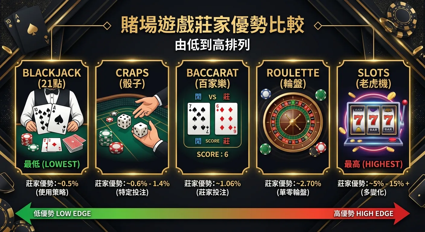 各賭場遊戲莊家優勢比較｜2026 從百家樂到老虎機，哪款遊戲對玩家最有利