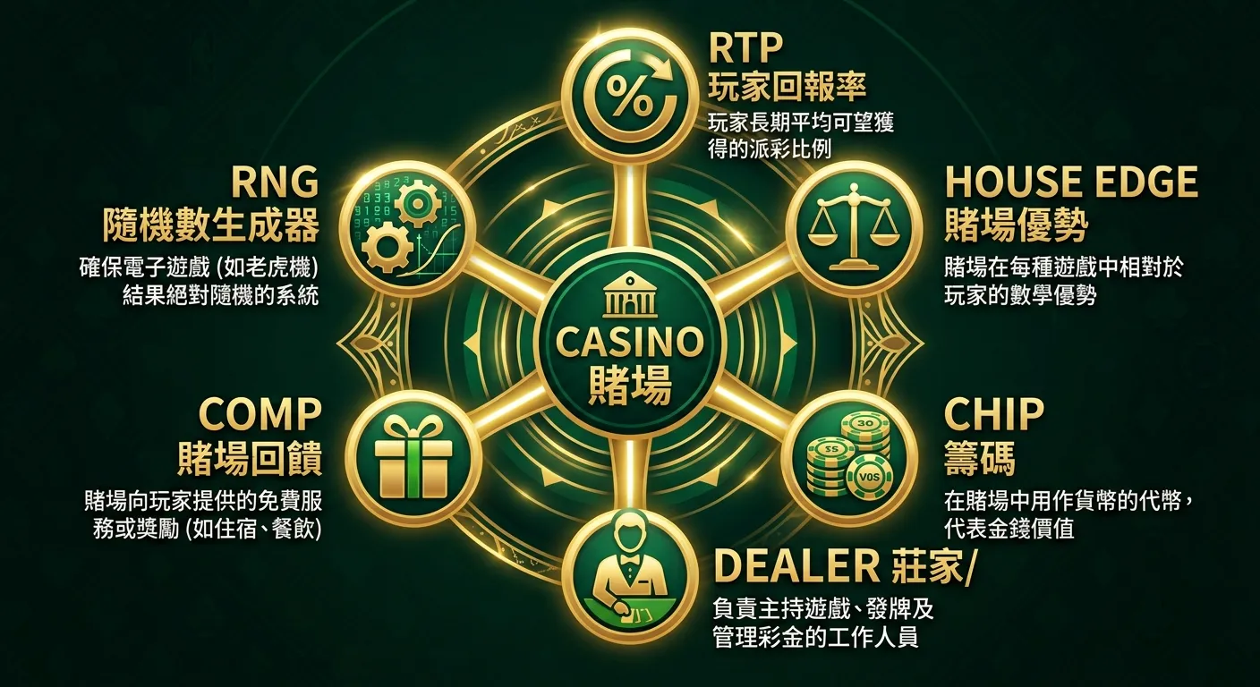 賭場核心術語圖解，以圓形輻射圖呈現：中心為「Casino 賭場」，周圍六個分支分別為 House Edge（天秤圖示）、RTP（百分比圖示）、Chip（籌碼圖示）、Dealer（人形圖示）、Comp（禮物圖示）、RNG（齒輪圖示），每個分支附一行說明，金色與深綠配色