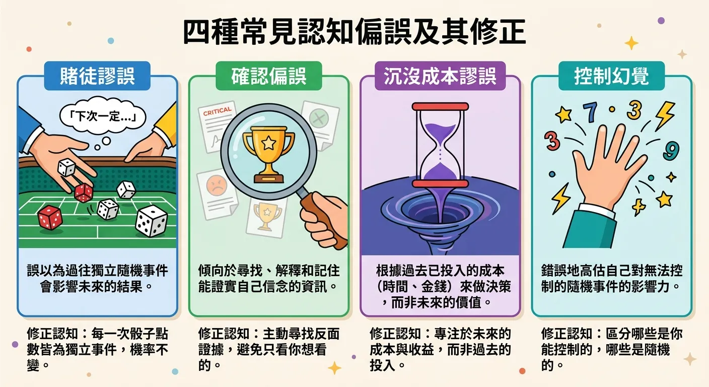 四種認知偏誤圖解，四個方塊分別展示：賭徒謬誤（骰子圖示 + 「下次一定...」文字泡泡）、確認偏誤（放大鏡只看到獎盃）、沉沒成本謬誤（沙漏圖示 + 往下的漩渦）、控制幻覺（手圖示試圖抓住隨機符號），每個方塊下方有一句修正認知