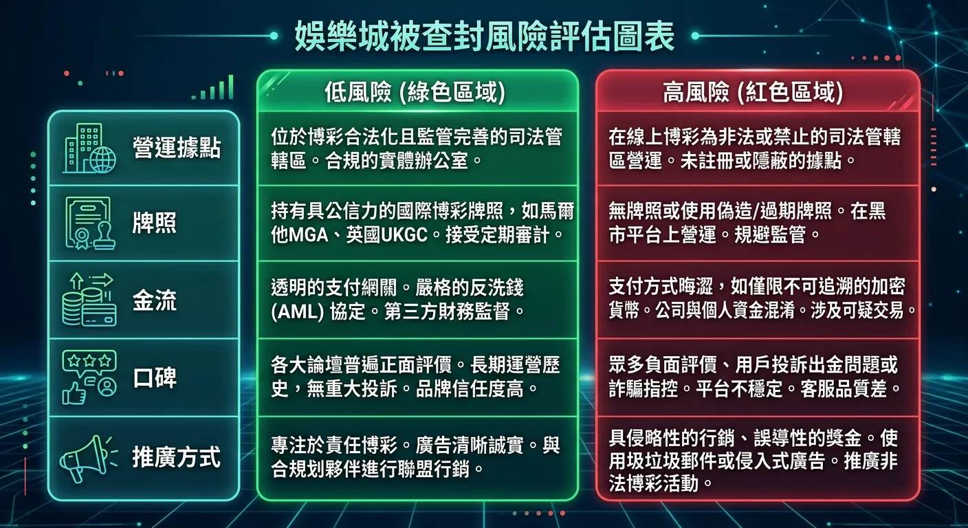 娛樂城被查封風險評估圖表，左側為五個評估指標（營運據點、牌照、金流、口碑、推廣方式），右側分為「低風險」（綠色區域）與「高風險」（紅色區域）兩欄，每個指標對應兩欄的具體特徵描述，整體呈現清晰的二分法比較