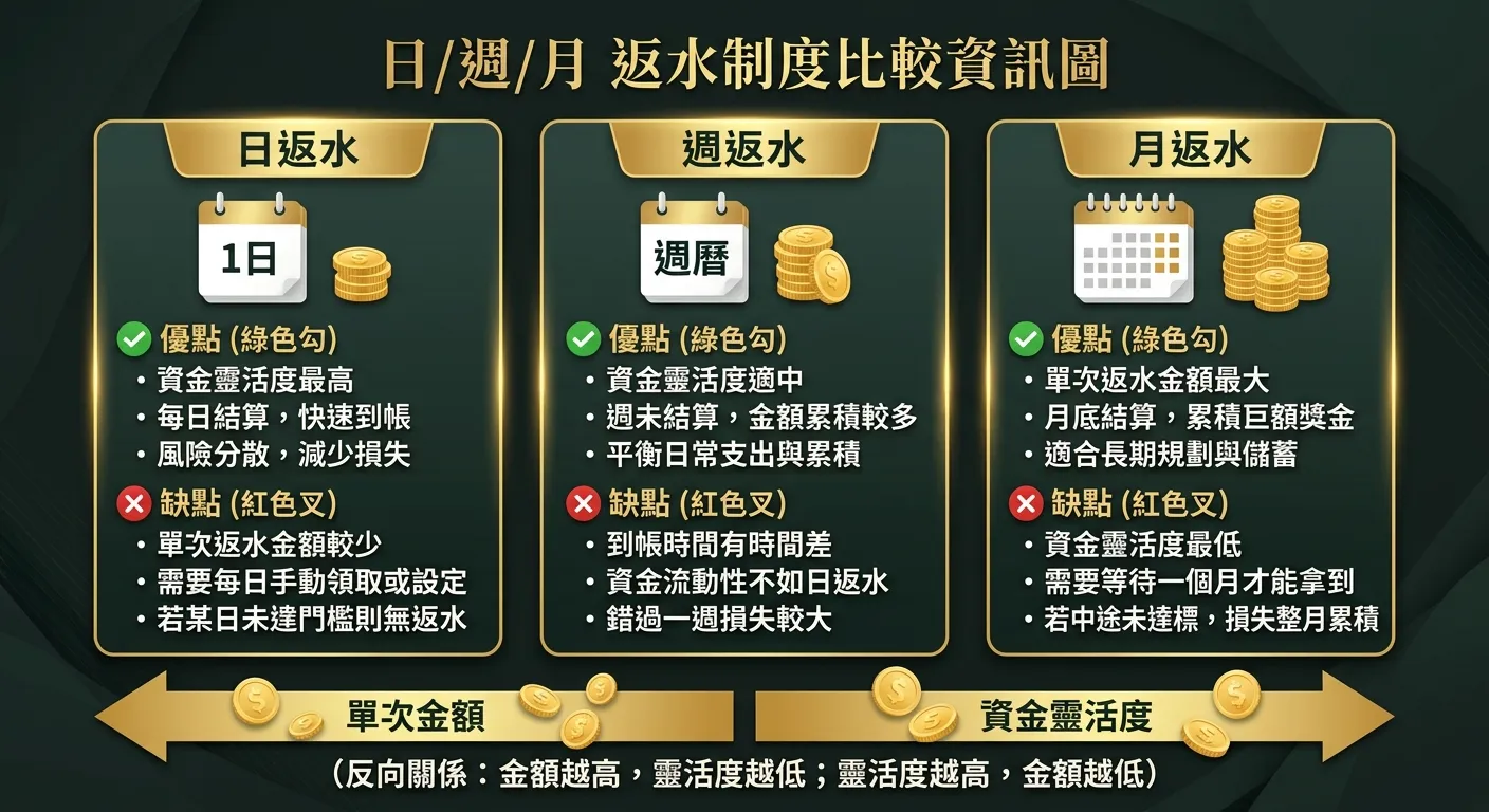 日/週/月返水三欄比較資訊圖，三個垂直欄位並排：左欄「日返水」配小金幣堆和日曆單日圖示，中欄「週返水」配中等金幣堆和週曆圖示，右欄「月返水」配大金幣堆和月曆圖示。每欄下方列出優點（綠色勾）和缺點（紅色叉），底部以箭頭標示「資金靈活度」與「單次金額」的反向關係。配色使用金色與深墨綠