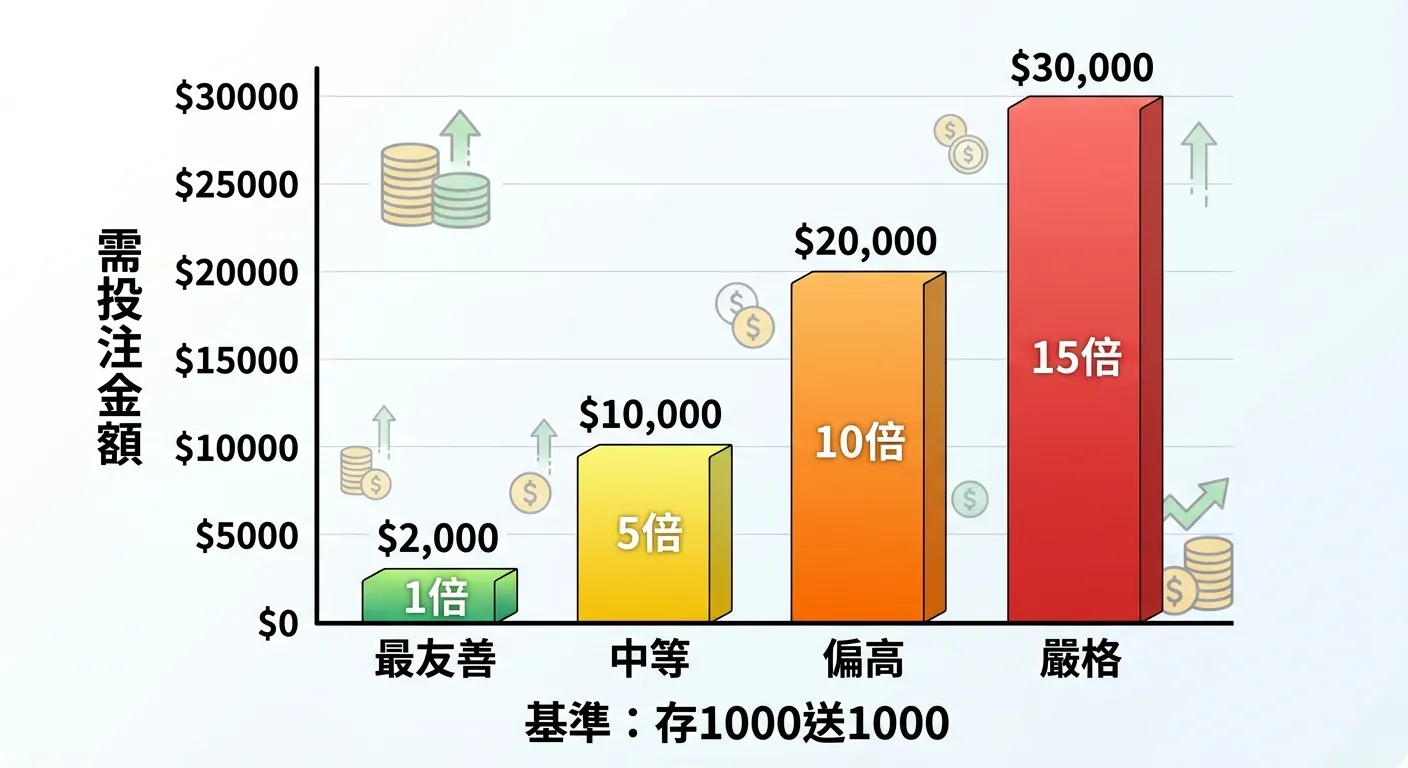 流水倍數階梯比較圖，以垂直長條圖呈現四個等級：1倍（短條，綠色，標註「最友善」）、5倍（中條，黃色，標註「中等」）、10倍（長條，橙色，標註「偏高」）、15倍（最長條，紅色，標註「嚴格」），左側為需投注金額的Y軸，底部標註基準為存1000送1000。配色使用漸層色系