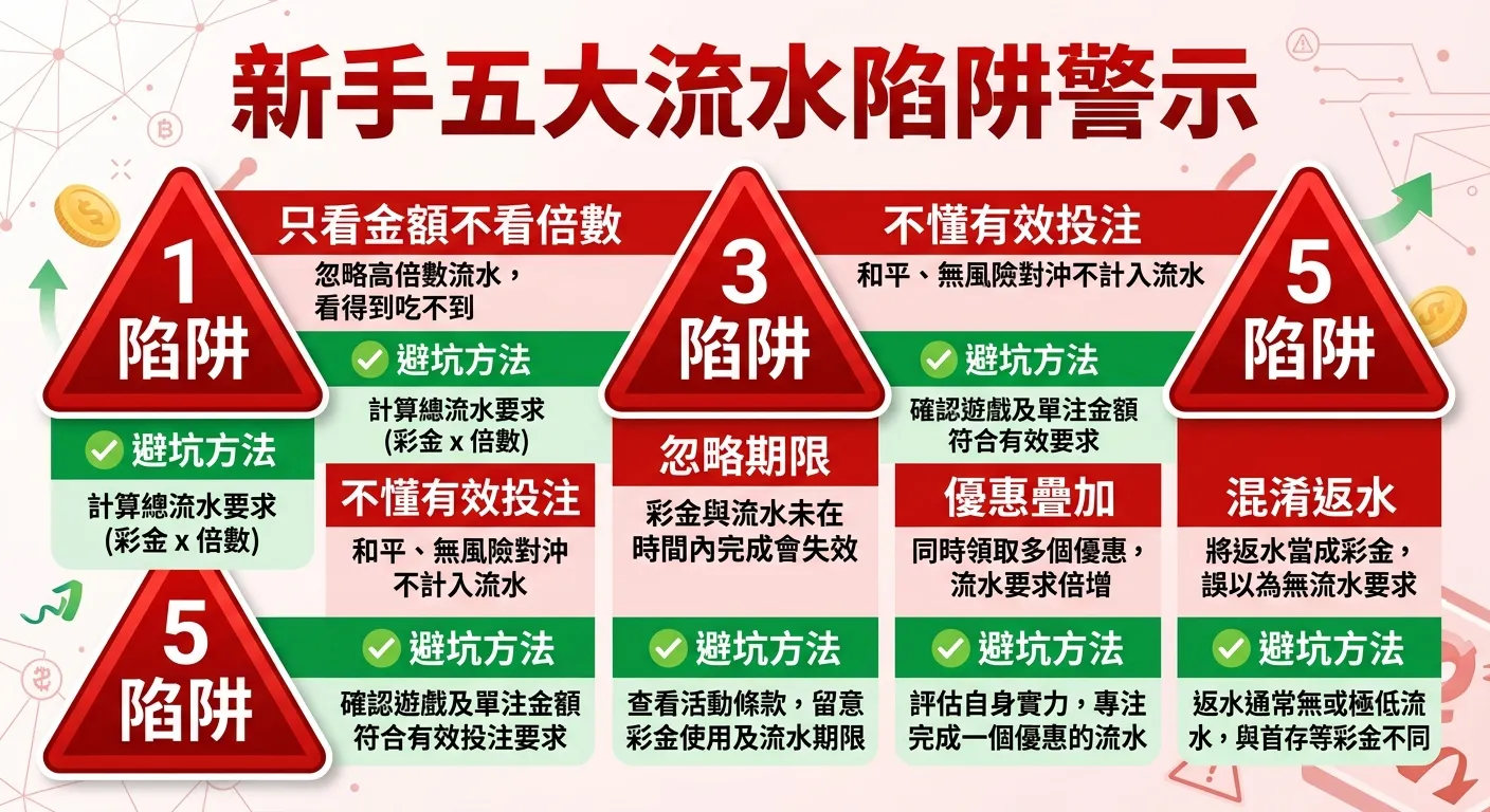 新手五大流水陷阱警示資訊圖，以五個紅色警示三角圖示排列，每個圖示旁標示陷阱名稱和一句話摘要：(1)只看金額不看倍數 (2)不懂有效投注 (3)忽略期限 (4)優惠疊加 (5)混淆返水。每個陷阱以紅底白字呈現，下方附綠色勾選的「避坑方法」。配色使用紅色警示搭配綠色解法