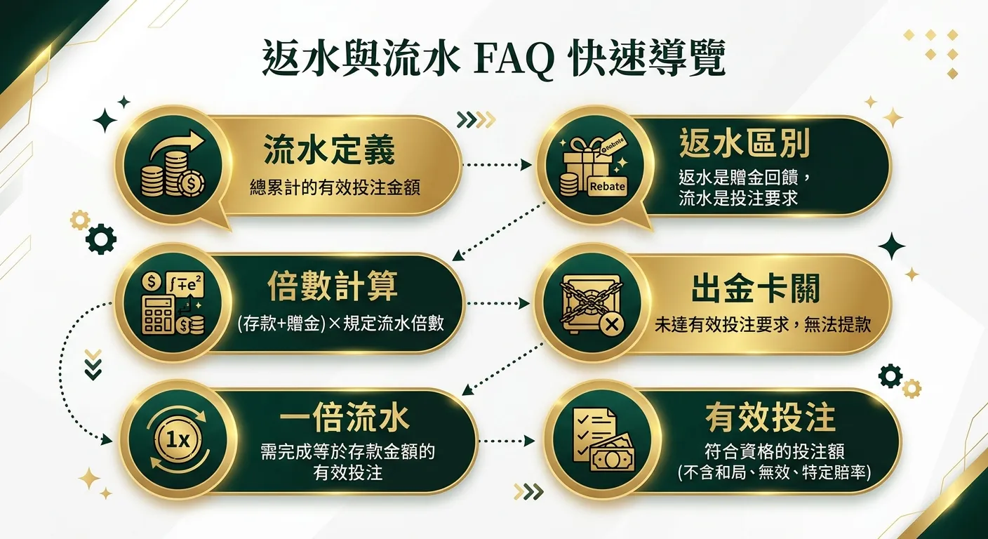 返水與流水 FAQ 快速導覽資訊圖，以六個問題氣泡圖呈現，每個氣泡內顯示問題的核心關鍵字和一行簡短回答，氣泡之間以虛線連接。六個氣泡分別為：流水定義、返水區別、倍數計算、出金卡關、一倍流水、有效投注。配色使用金色與深墨綠