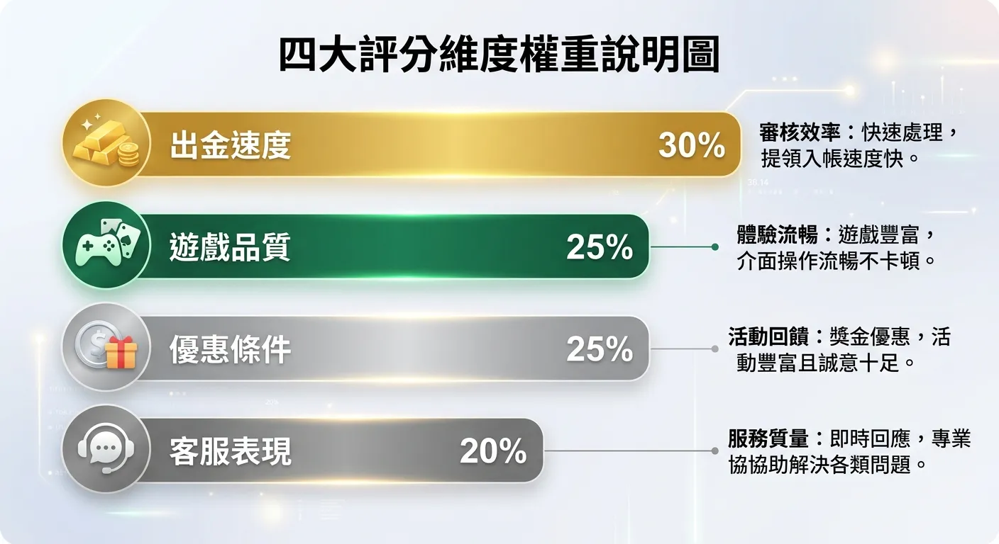 四大評分維度權重說明圖，四個橫向長條由上至下排列，長度代表權重比例：出金速度 30%（金色長條）、遊戲品質 25%（深綠長條）、優惠條件 25%（銀色長條）、客服表現 20%（灰色長條），每個長條右側標示百分比數字與簡短評分方式說明