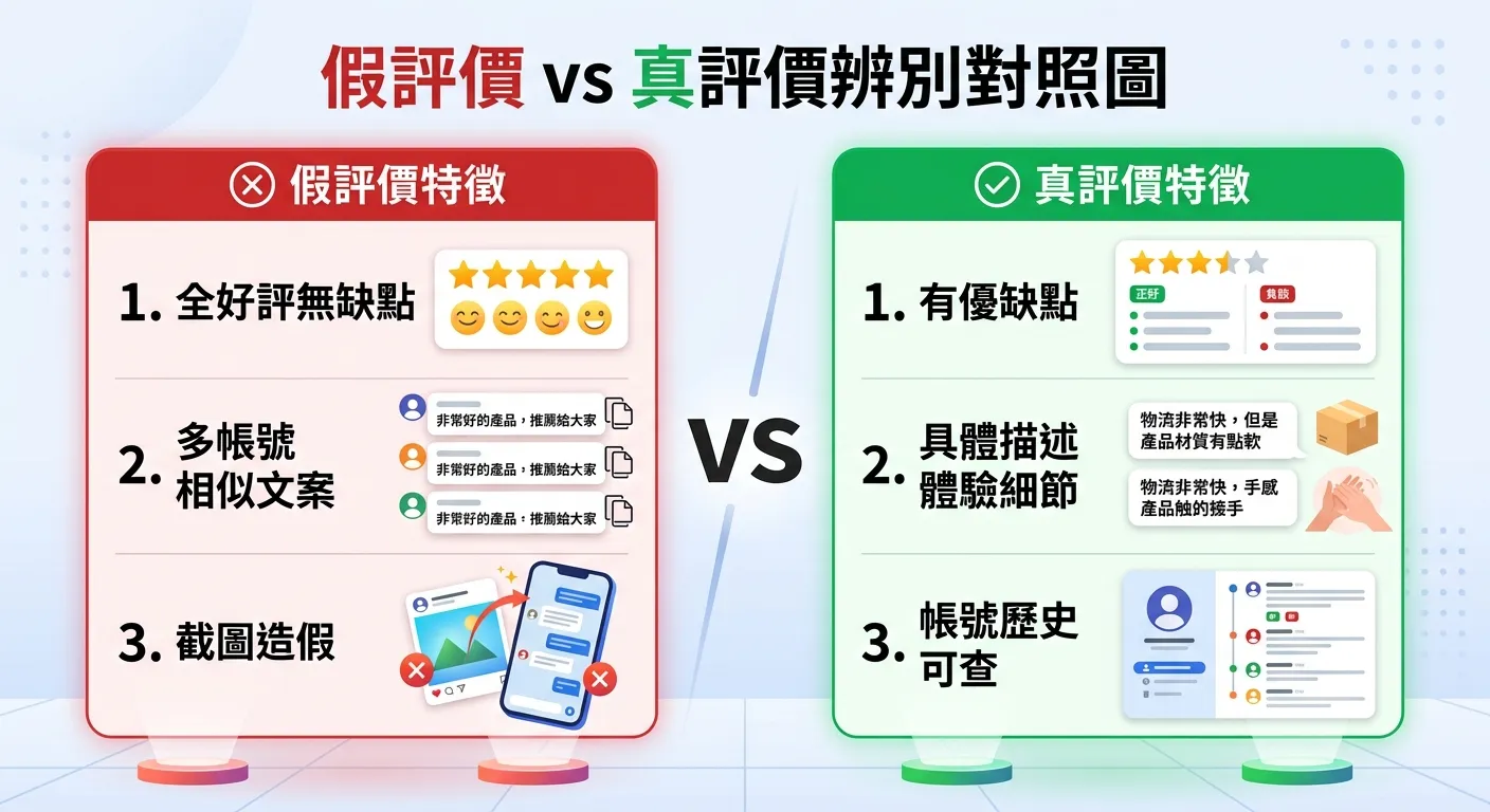 假評價 vs 真評價辨別對照圖，左側為「假評價特徵」（紅色背景區塊）列出三點：全好評無缺點、多帳號相似文案、截圖造假，右側為「真評價特徵」（綠色背景區塊）列出三點：有優缺點、具體描述體驗細節、帳號歷史可查，中間以 VS 分隔