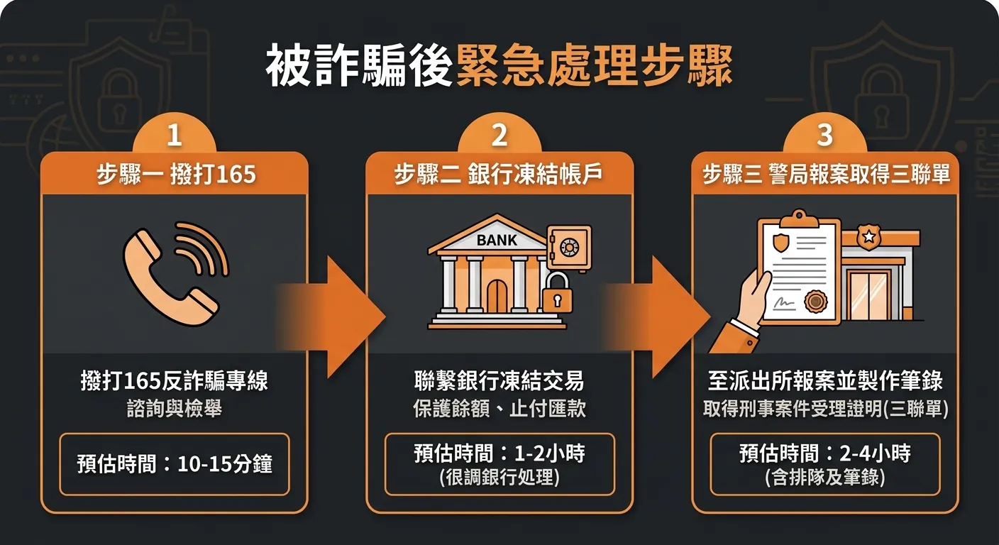 被詐騙後的緊急處理步驟流程圖，三個步驟由左至右水平排列，以粗箭頭連接：步驟一「撥打165」（電話圖示），步驟二「銀行凍結帳戶」（銀行建築圖示），步驟三「警局報案取得三聯單」（文件圖示）。每個步驟下方標示預估處理時間。配色使用橘色緊急色搭配深灰背景。
