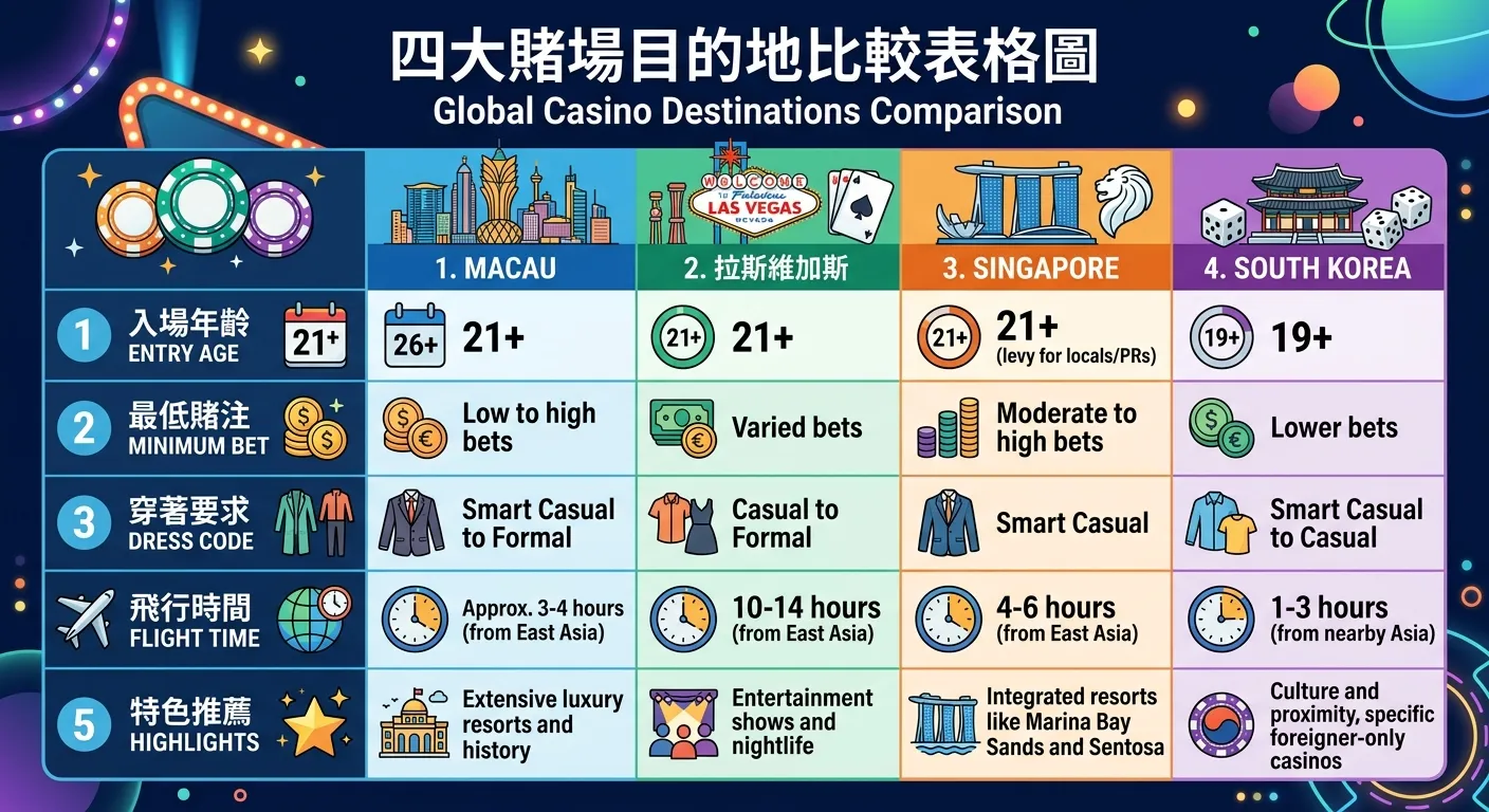 四大賭場目的地比較表格圖，四欄分別為澳門、拉斯維加斯、新加坡、韓國，五列為入場年齡、最低賭注、穿著要求、飛行時間、特色推薦，用顏色編碼和圖示呈現