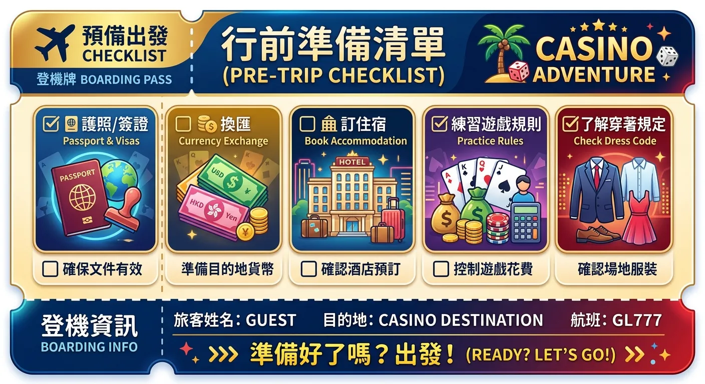 行前準備清單資訊圖，以登機牌造型呈現，列出六個必備項目配勾選框：護照/簽證、換匯、訂住宿、設博弈預算、練習遊戲規則、了解穿著規定，底部標示「準備好了嗎？出發！」