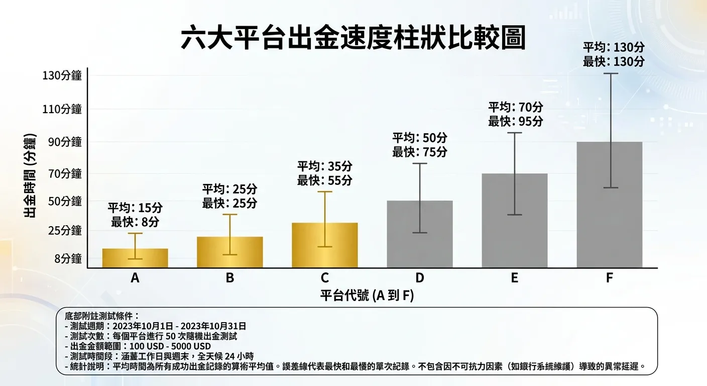 六大平台出金速度柱狀比較圖，橫軸為六個平台代號（A 到 F），縱軸為出金時間（分鐘），每個柱狀條顯示平均時間，並用誤差線標示最快和最慢紀錄。前三名用金色柱狀，後三名用灰色。左側標示「8分鐘」到右側「130分鐘」的數值。底部附註測試條件。