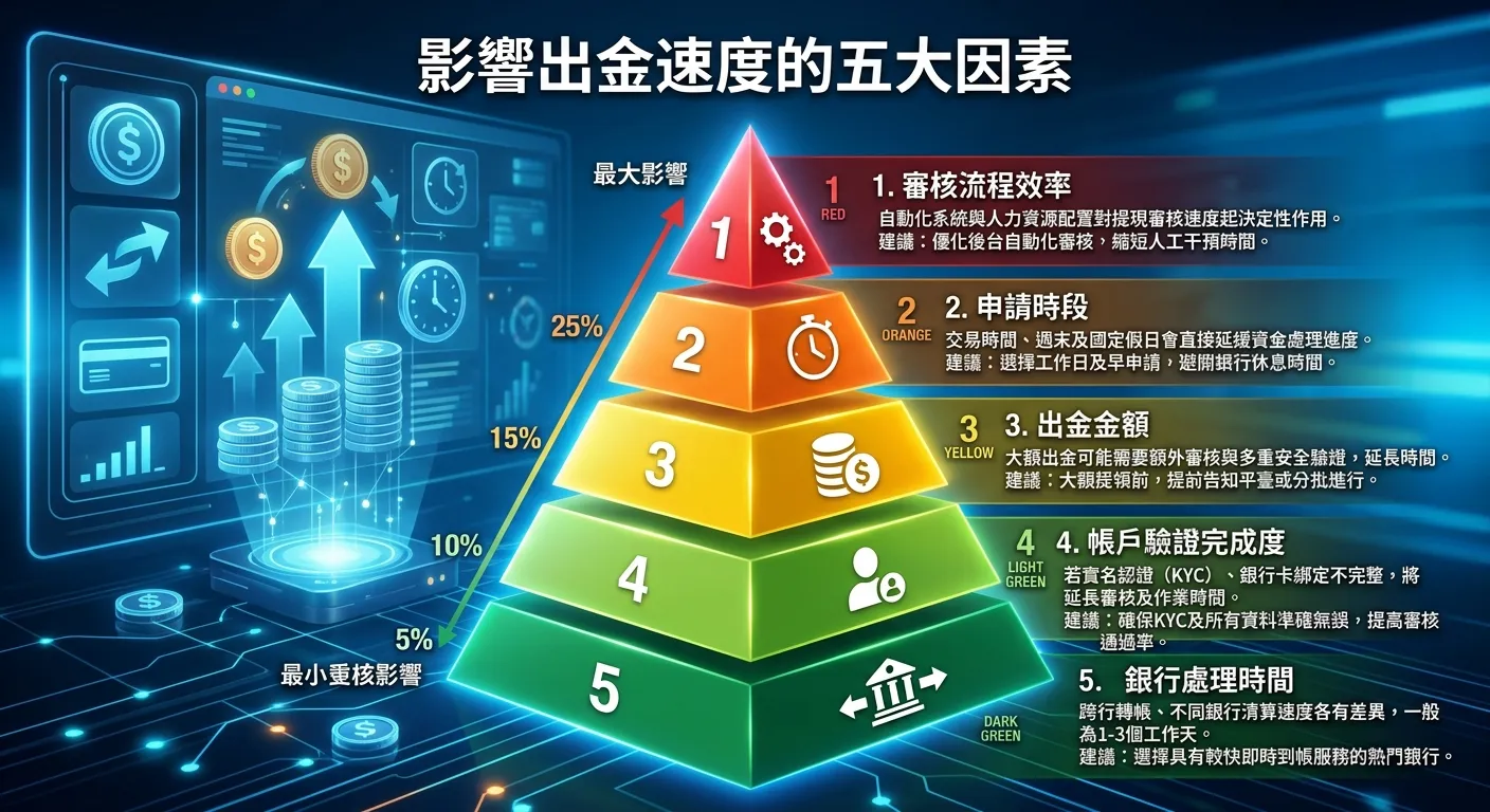 影響出金速度的五大因素金字塔圖，由上到下按影響力排列：頂端「審核流程效率」（影響最大，紅色），第二層「申請時段」（橙色），第三層「出金金額」（黃色），第四層「帳戶驗證完成度」（淺綠），底部「銀行處理時間」（深綠，影響最小）。每層附帶一句簡短建議。