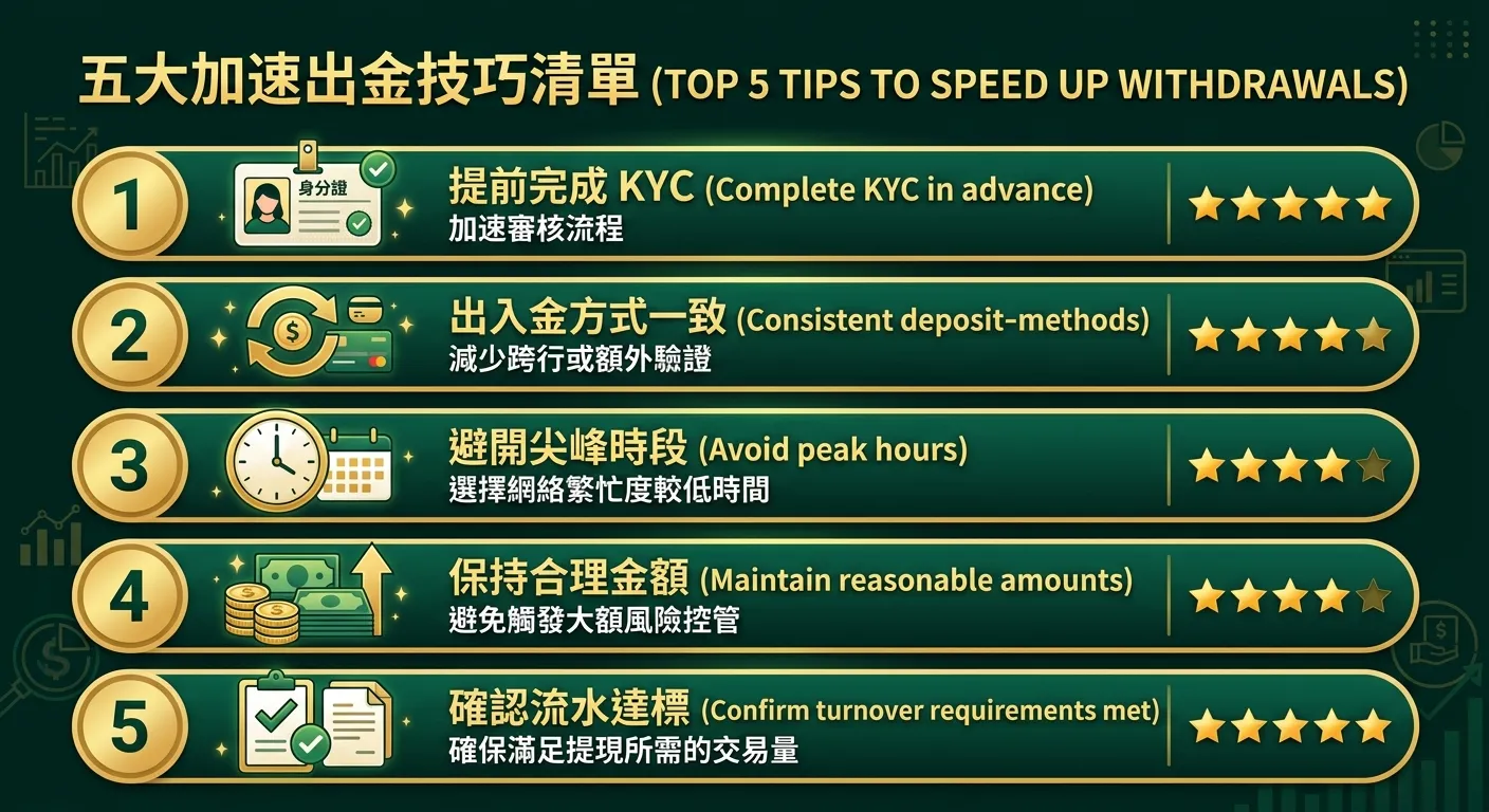 五大加速出金技巧清單圖，以五個橫向長條排列，每個長條包含編號、圖示和技巧說明：(1) 身分證圖示 — 提前完成 KYC (2) 箭頭循環圖示 — 出入金方式一致 (3) 時鐘圖示 — 避開尖峰時段 (4) 錢幣圖示 — 保持合理金額 (5) 核對圖示 — 確認流水達標。每個長條右側用星星標示效果程度。金色與深綠配色。