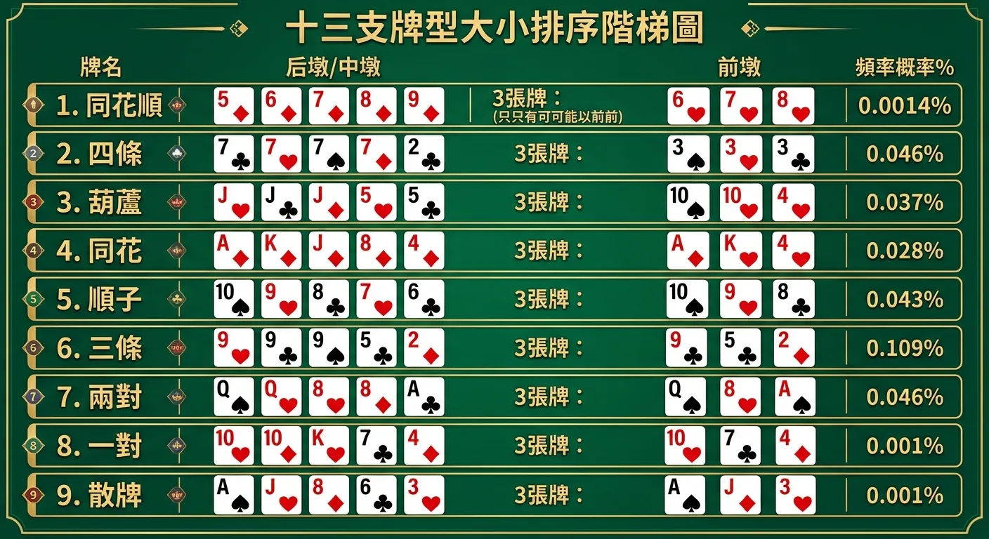 十三支牌型大小排序階梯圖，由上到下依序列出九種牌型（同花順到散牌），每種附一組撲克牌範例和出現機率百分比。左側為五張牌牌型（後墩/中墩），右側獨立列出三張牌牌型（前墩）。配色深綠底搭配金色標題。