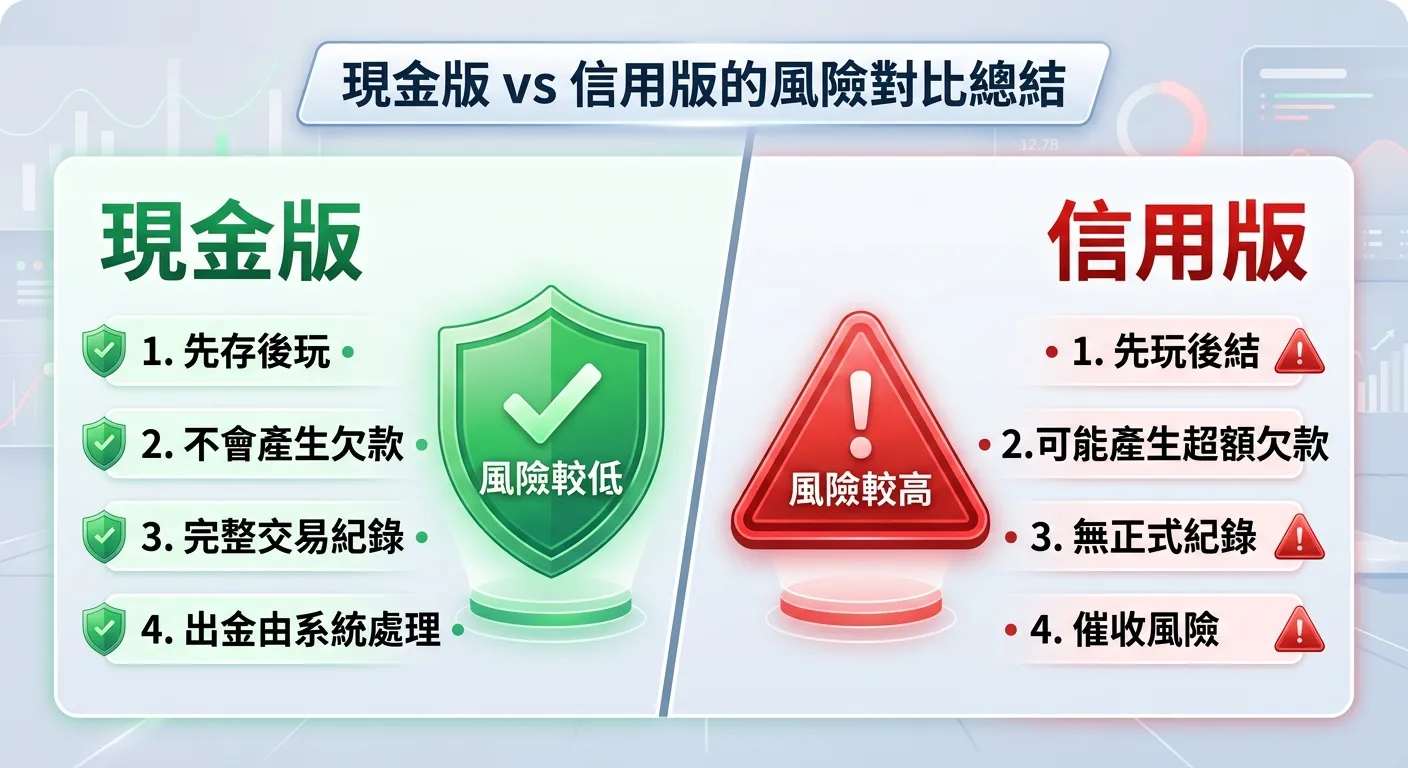 現金版 vs 信用版的風險對比總結圖，左右對比設計：左側現金版以綠色調呈現，列出「先存後玩」「不會產生欠款」「完整交易紀錄」「出金由系統處理」四點，配上綠色盾牌圖示；右側信用版以紅色調呈現，列出「先玩後結」「可能產生超額欠款」「無正式紀錄」「催收風險」四點，配上紅色警示圖示。