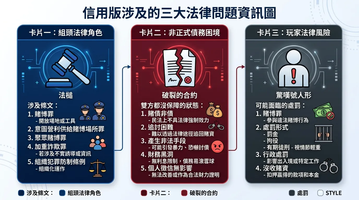 信用版涉及的三大法律問題資訊圖，以三個並列的直立卡片呈現：卡片一「組頭法律角色」（圖示：法槌）列出涉及的條文；卡片二「非正式債務困境」（圖示：破裂的合約）列出雙方都沒保障的狀態；卡片三「玩家法律風險」（圖示：驚嘆號人形）列出可能面臨的處罰。配色使用深藍、深紅、深灰三色。