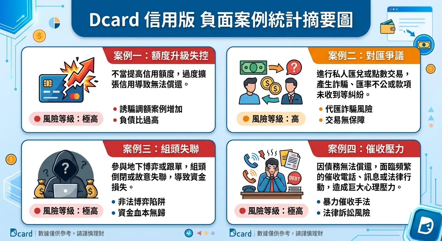 Dcard 信用版負面案例統計摘要圖，以四個卡片式區塊呈現四種案例類型，每個卡片包含案例標題、簡述和風險等級標示（用紅/橙/黃色圓點）。案例一：額度升級失控（紅色），案例二：對匯爭議（橙色），案例三：組頭失聯（紅色），案例四：催收壓力（紅色）。