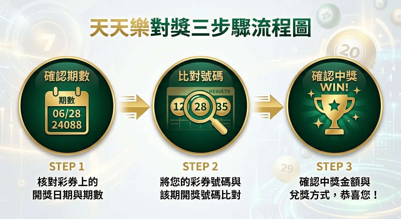 天天樂對獎三步驟流程圖，由左至右三個步驟：步驟一「確認期數」（日曆圖示）→ 步驟二「比對號碼」（放大鏡圖示）→ 步驟三「確認中獎」（獎盃圖示），每個步驟下方附簡短說明文字，箭頭連接，配色使用金色與深綠色系