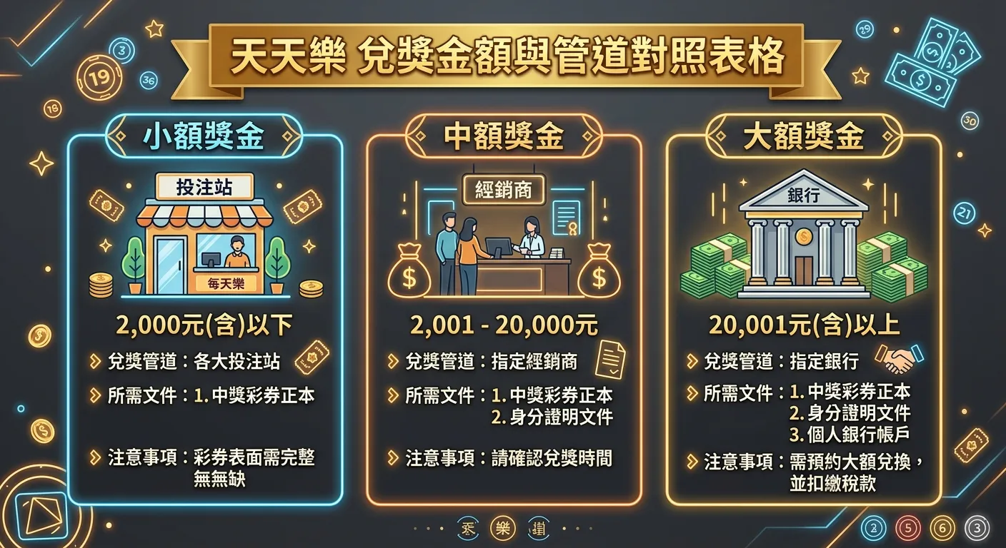 天天樂兌獎金額與管道對照表格圖，三列分別對應：小額獎金（投注站圖示，2000元以下）、中額獎金（經銷商圖示，2001-20000元）、大額獎金（銀行圖示，20001元以上），每列標示所需文件和注意事項，配色使用金色標題與深灰背景