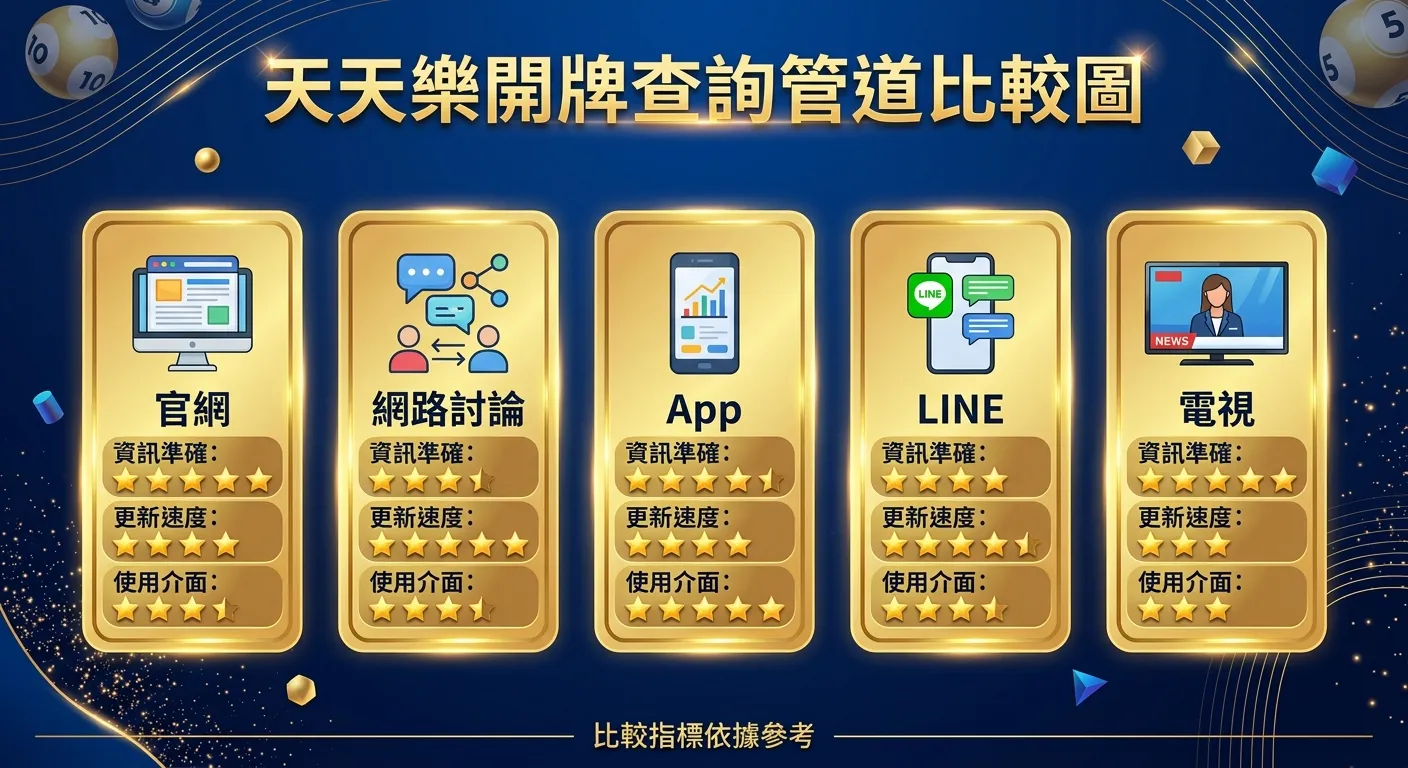 天天樂開牌查詢管道比較圖，五個管道以卡片形式排列（官網、活網、App、LINE、電視），每張卡片上有管道名稱、對應圖示和三個評分指標的星級。配色使用深藍背景搭配金色卡片邊框