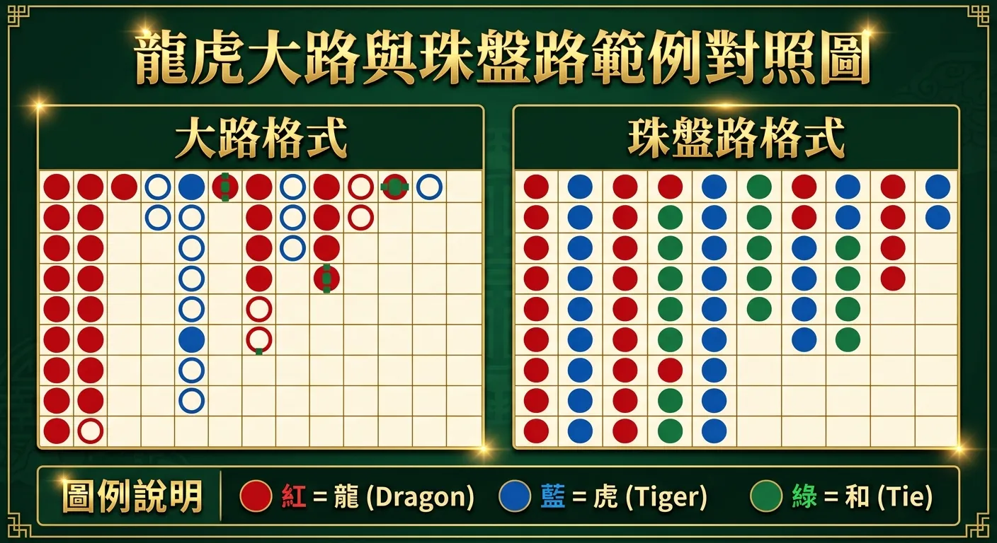 龍虎大路與珠盤路範例對照圖，左側為大路格式（紅藍圓圈依列排列），右側為珠盤路格式（紅藍綠圓圈依序排列），下方附有圖例說明：紅=龍、藍=虎、綠=和。配色深綠底搭配金色標題。
