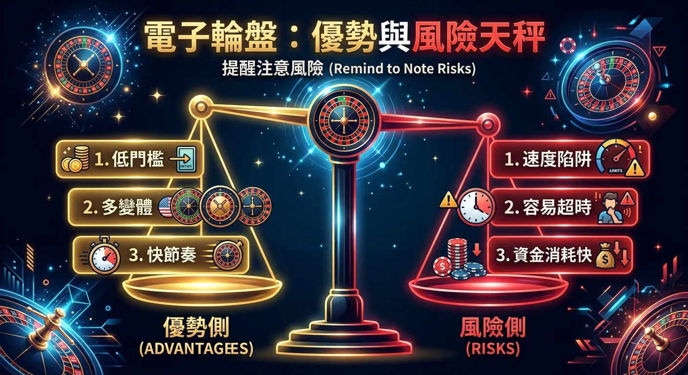 電子輪盤優勢與風險天秤圖，左邊（優勢側）列出低門檻、多變體、快節奏三個優點，右邊（風險側）列出速度陷阱、容易超時、資金消耗快三個風險，天秤略微傾向風險側提醒注意，金色與紅色標示，深色背景。