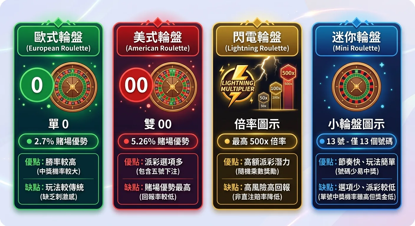 電子輪盤四大變體比較卡片圖，四張並排卡片：歐式（單 0，綠色標示 2.7%）、美式（雙 00，紅色標示 5.26%）、閃電（倍率圖示，金色標示最高 500x）、迷你（小輪盤圖示，藍色標示 13 號），每張卡片附簡要優缺點