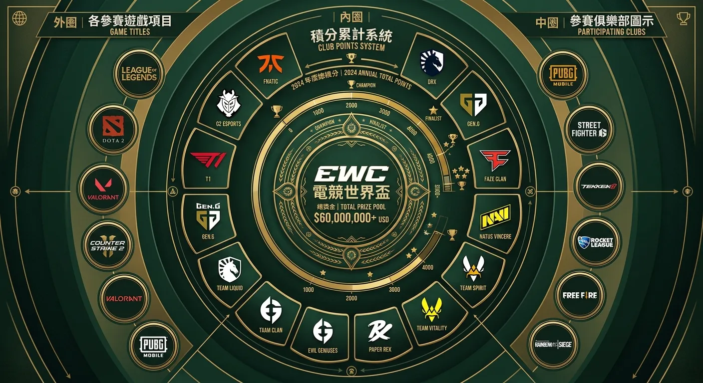 電競世界盃（EWC）賽制說明圖，以環形圖展示：外圈為各參賽遊戲項目（LOL、Dota2、CS2、Valorant 等），中圈為各俱樂部圖示，內圈為積分累計系統，中央標示「EWC 電競世界盃」與獎金數字。配色使用金色與深綠，風格莊重