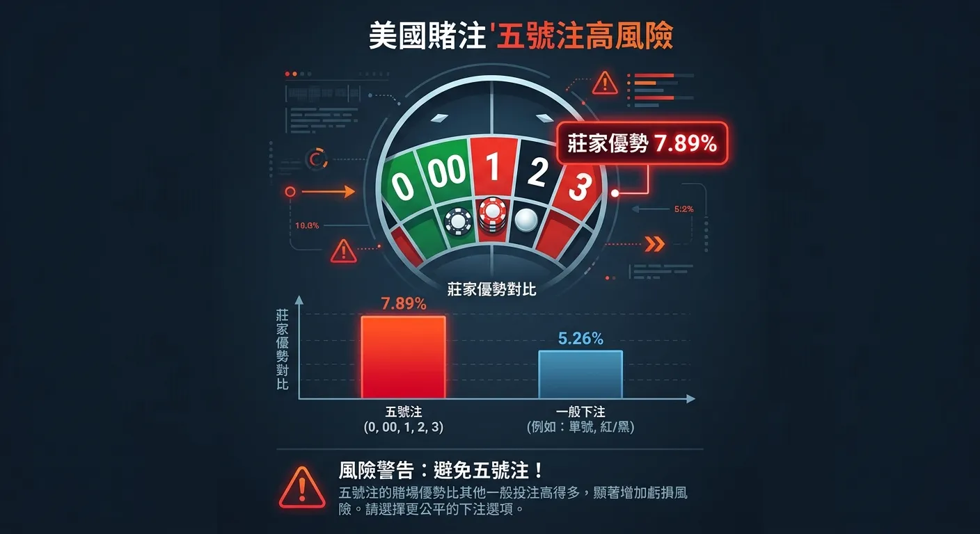 美式輪盤五號注風險警告資訊圖，中央為美式輪盤 0/00/1/2/3 區域的放大圖示，紅色警告標籤標示「莊家優勢 7.89%」，與一般下注 5.26% 的對比條形圖，底部附「避免五號注」的建議文字，深色背景配紅色警示色