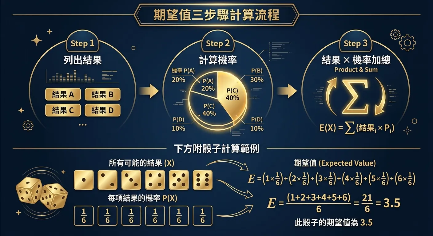 期望值三步驟計算流程圖，由左到右：Step 1 列出結果（多個方框）→ Step 2 計算機率（百分比圓餅）→ Step 3 結果×機率加總（Σ 符號），下方附骰子計算範例。配色深色底金色。