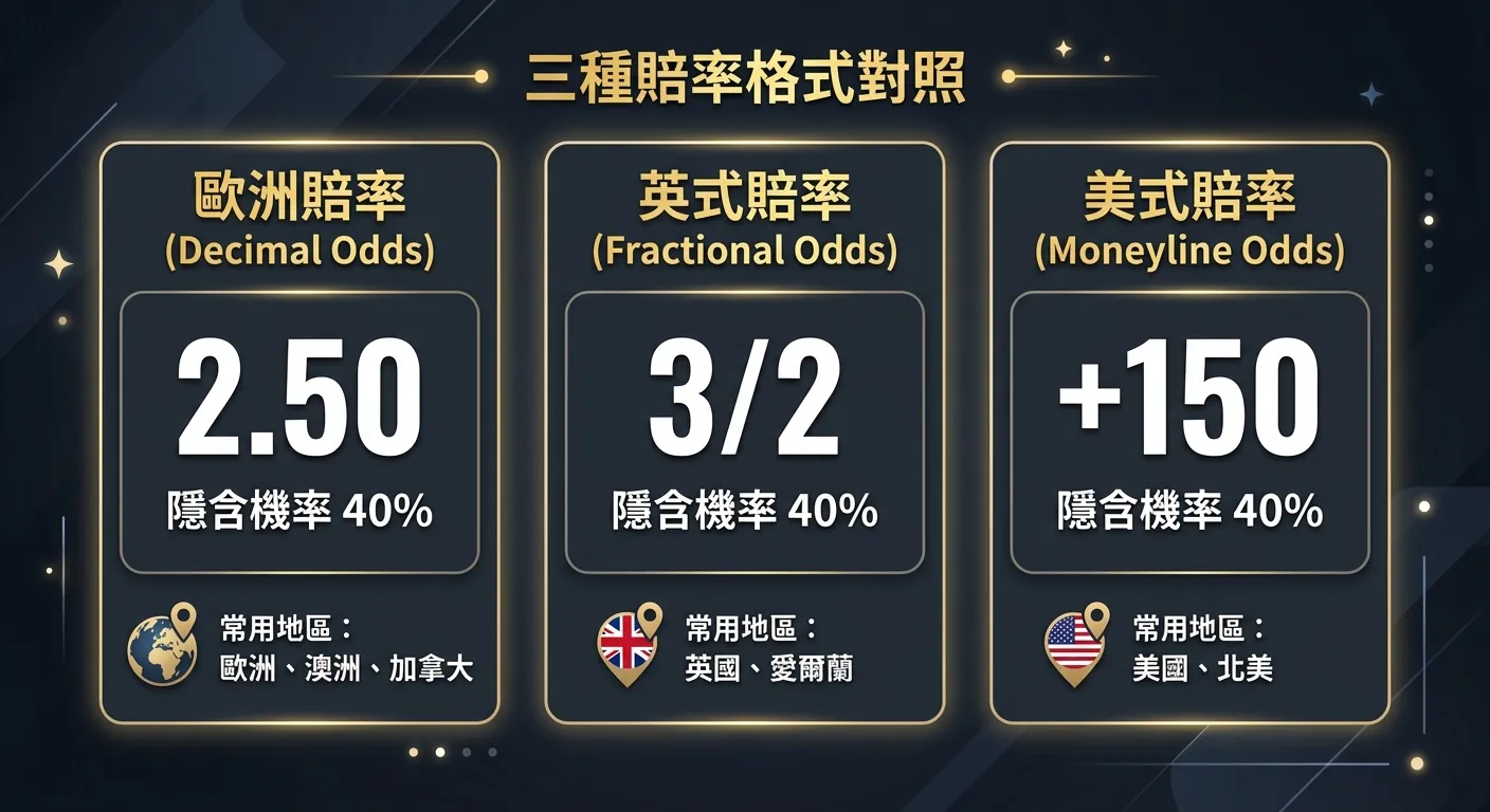 三種賠率格式對照圖，三個並排的卡片分別展��歐洲賠率（2.50）、英式賠率（3/2）、美式賠率（+150），每張卡片下方標示「隱含機率 40%」和常用地區。配色深色底金色標題。