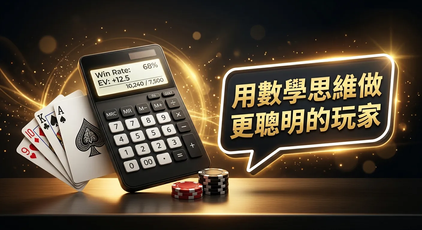 CTA 結尾配圖，計算機和撲克牌並排，旁邊對話氣泡「用數學思維做更聰明的玩家」。背景深色金色光暈。