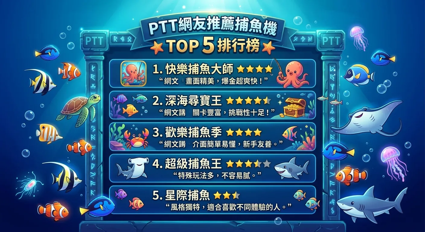 PTT 網友推薦捕魚機 TOP 5 排行榜，以海洋主題呈現，五款遊戲由上到下排列，每款旁邊附上星級評分和一句代表性網友評語（加引號），背景為漸層深海色，魚群圍繞排行榜游動