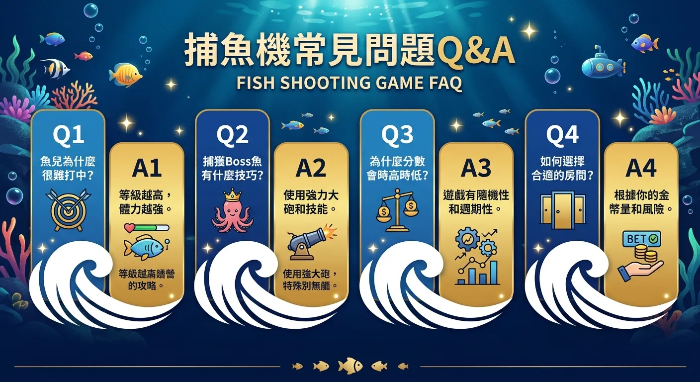 捕魚機常見問題 Q&A 圖，四個問答對以卡片方式呈現，每張 Q 卡用藍色底，A 卡用金色底，卡片之間以波浪線分隔象徵海洋，配色使用深海藍與暖金色