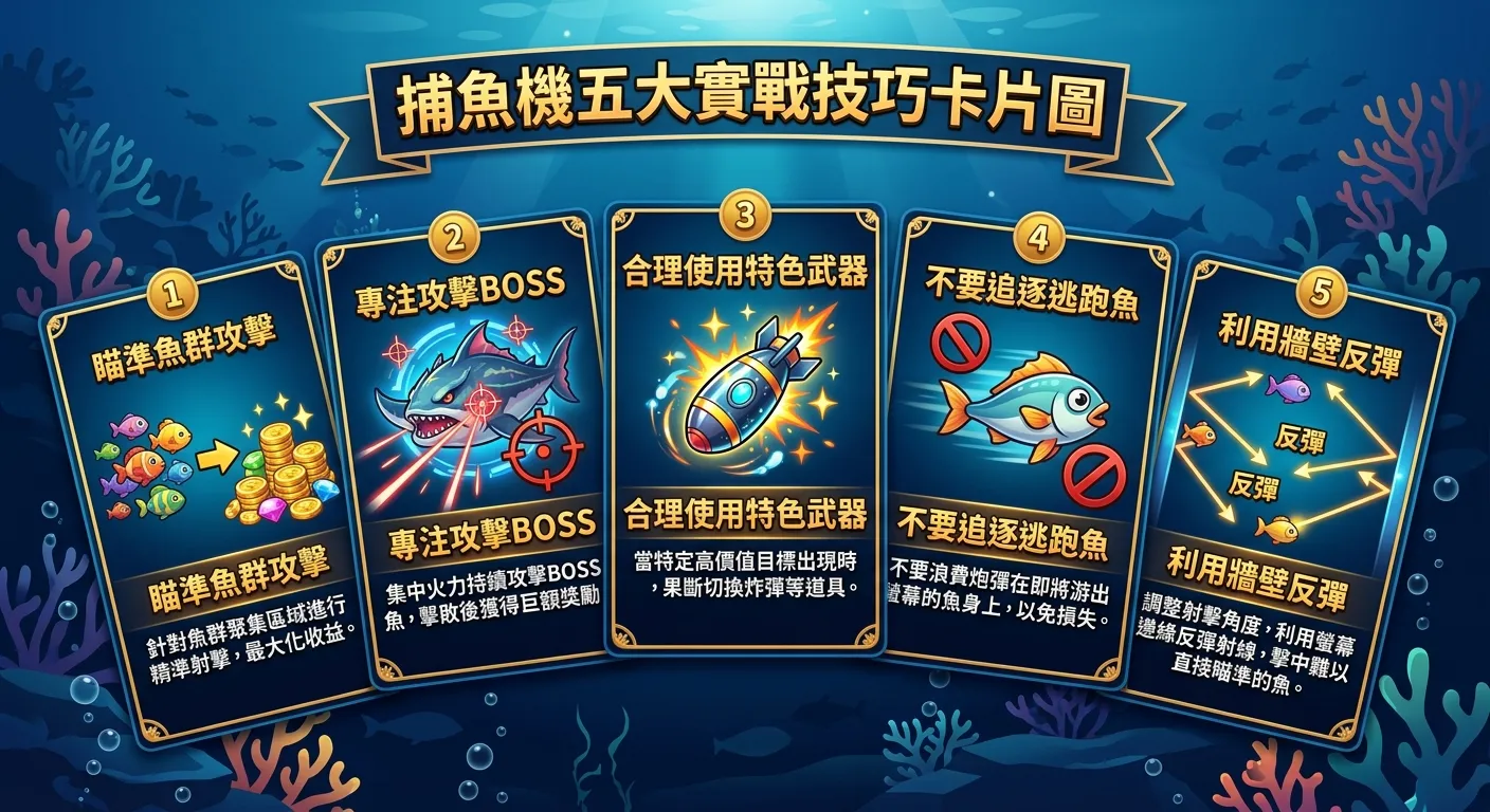 捕魚機五大實戰技巧卡片圖，五張卡片呈扇形排列，每張卡片包含：技巧編號、技巧名稱、對應圖示（小魚→金幣疊、BOSS→瞄準鏡、特武→炸彈、逃跑魚→禁止符號、牆壁→反彈箭頭），卡片用深海藍底色搭配金色文字