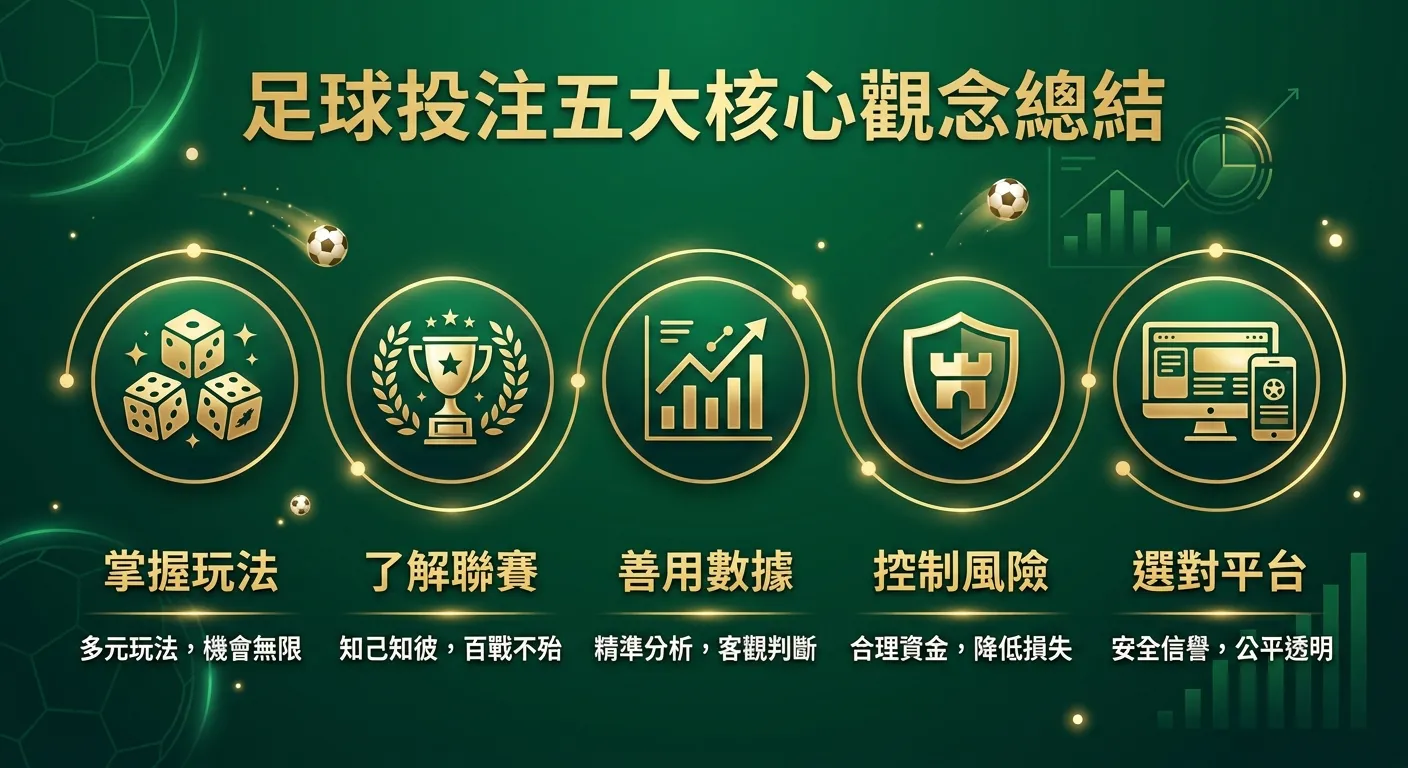 足球投注五大核心觀念總結圖，五個圓形圖示由左至右依序排列：(1) 掌握玩法-骰子圖示 (2) 了解聯賽-獎盃圖示 (3) 善用數據-圖表圖示 (4) 控制風險-盾牌圖示 (5) 選對平台-螢幕圖示，每個圖示下方有一句話摘要，以金色線條串連，深綠背景
