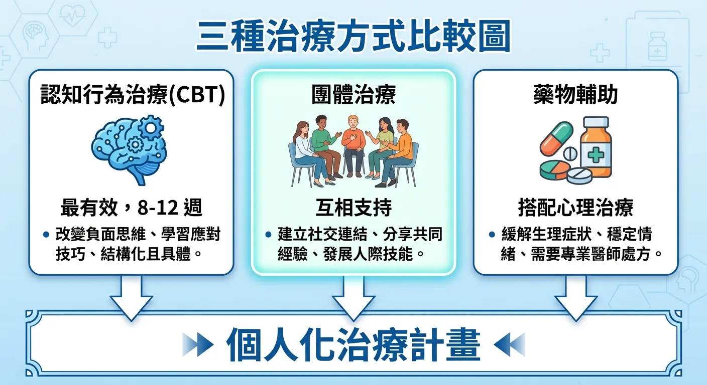 三種治療方式比較圖，三個方塊：CBT（腦圖示，「最有效，8-12 週」）、團體治療（多人圖示，「互相支持」）、藥物輔助（藥丸圖示，「搭配心理治療」），底部箭頭指向「個人化治療計畫」