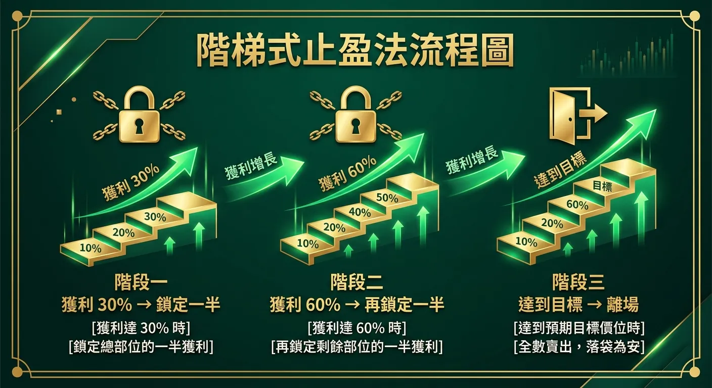 階梯式止盈法流程圖，由左至右三個階段：階段一「獲利 30% → 鎖定一半」、階段二「獲利 60% → 再鎖定一半」、階段三「達到目標 → 離場」，每個階段用向上的階梯圖示呈現，綠色箭頭代表獲利增長，金色鎖頭圖示代表鎖定，深綠背景搭配金色文字
