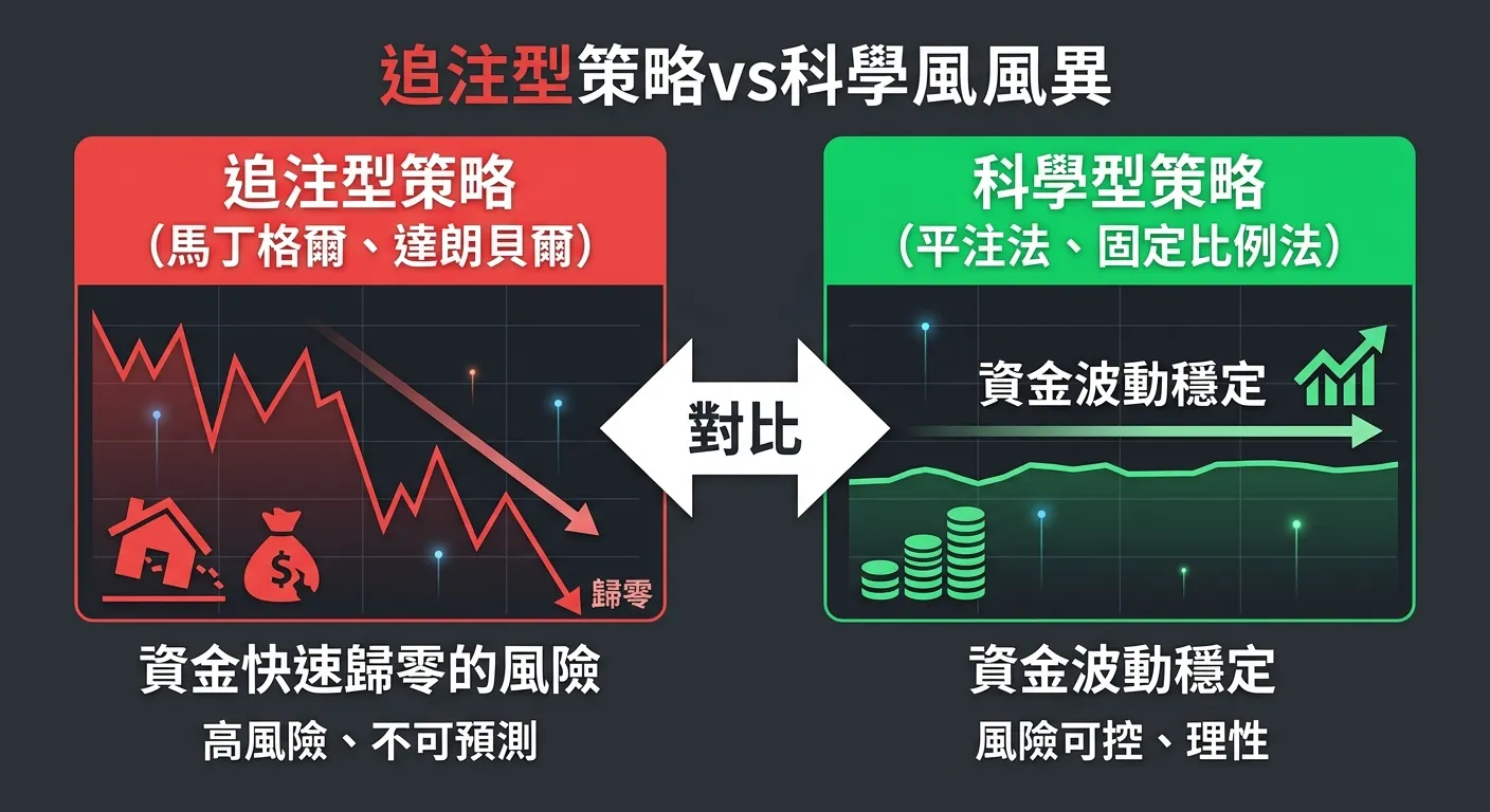 追注策略 vs 科學策略的風險比較圖表，左側紅色區塊標示「追注型策略」（馬丁格爾、達朗貝爾），以陡峭向下的折線圖代表資金快速歸零的風險，右側綠色區塊標示「科學型策略」（平注法、固定比例法），以平穩的橫線代表資金波動穩定，中間對比箭頭，深灰背景