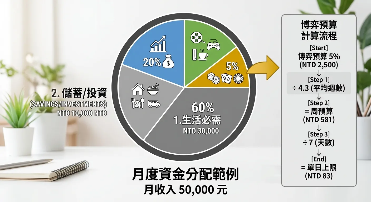 月度資金分配範例圓餅圖，以月收入 50,000 元為例，展示各部分佔比：生活必需 60%（灰色）、儲蓄/投資 20%（藍色）、休閒娛樂 15%（綠色）、博弈預算 5%（金色），金色區塊旁以箭頭引出「周預算 → 單日上限」的計算流程