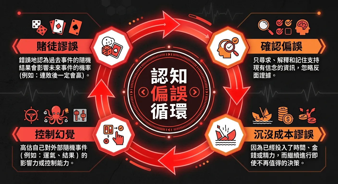 四種認知偏誤循環圖，圓形排列：賭徒謬誤 → 確認偏誤 → 沉沒成本 → 控制幻覺 → 回到賭徒謬誤，每個節點有簡短說明，中心文字「認知偏誤循環」，紅色警示配色