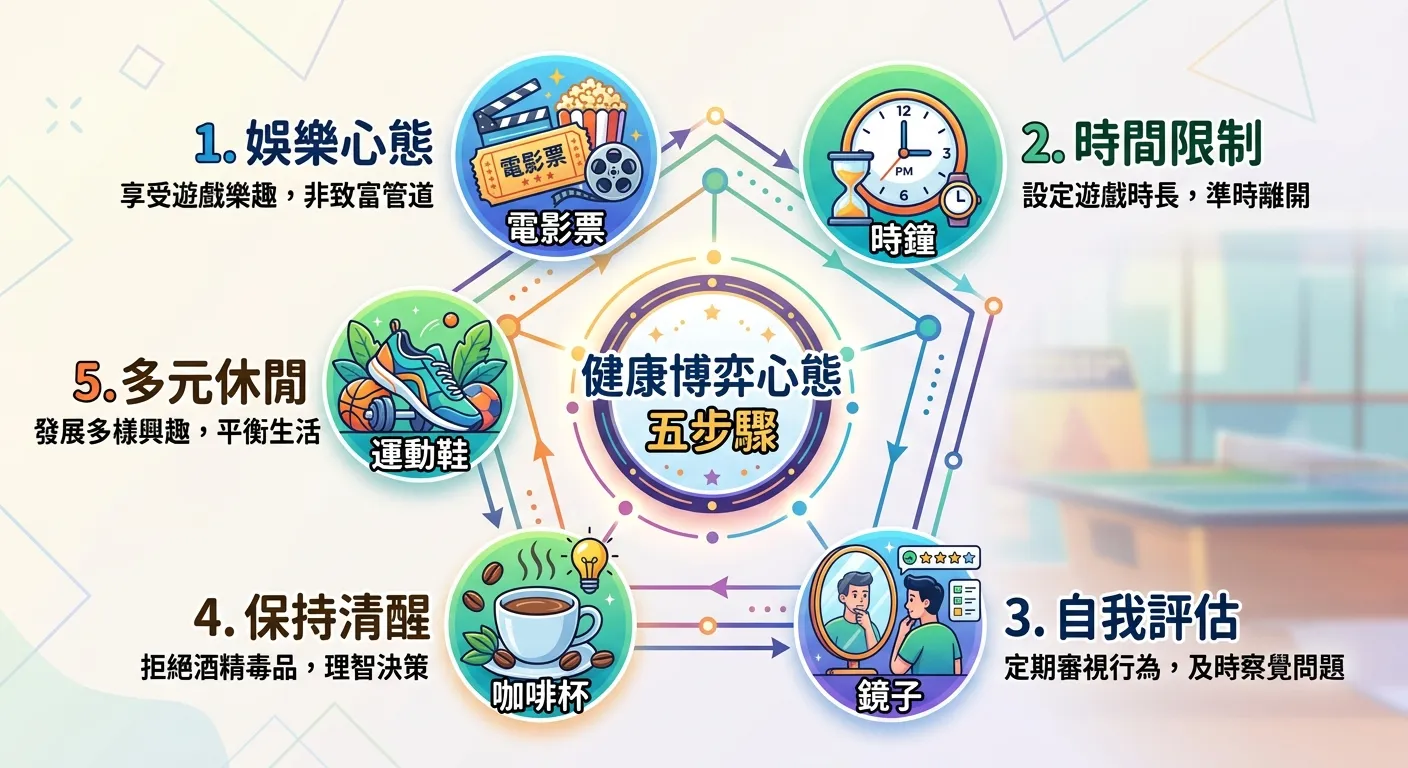 健康博弈心態五步驟圖，以五角形排列的五個圖示：電影票（娛樂心態）、時鐘（時間限制）、鏡子（自我評估）、咖啡杯（保持清醒）、運動鞋（多元休閒），中心文字「健康心態」