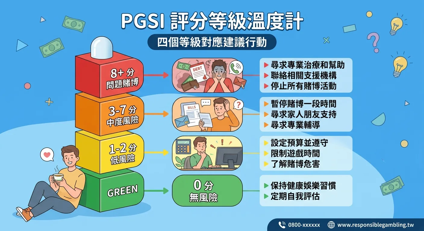 PGSI 評分等級溫度計圖，四個等級由下至上：綠色「0 分 無風險」、黃色「1-2 分 低風險」、橙色「3-7 分 中度風���」、紅色「8+ 分 問題賭博」，旁邊各附建議行動