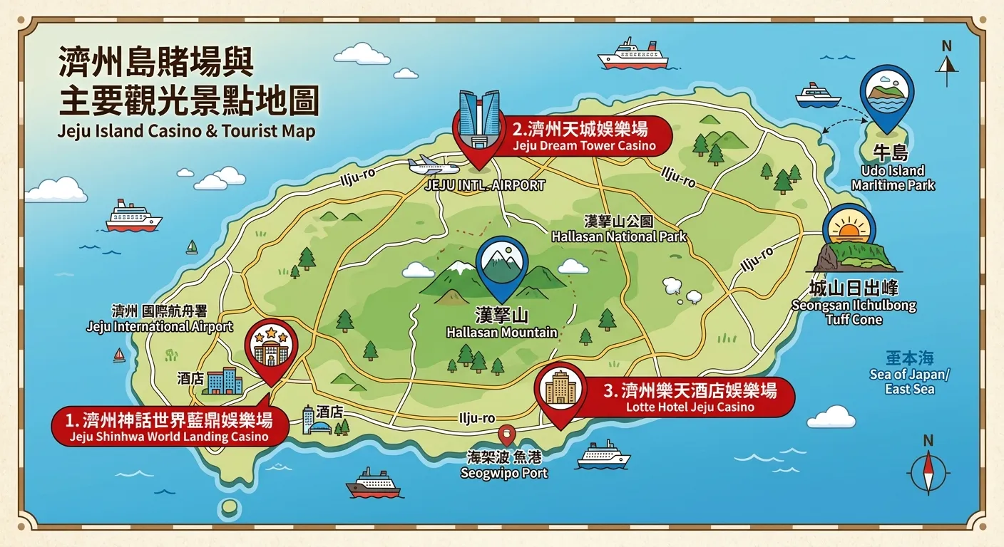 濟州島賭場旅遊結合地圖，標示三大賭場位置與主要觀光景點（漢拏山、城山日出峰、牛島）的相對位置