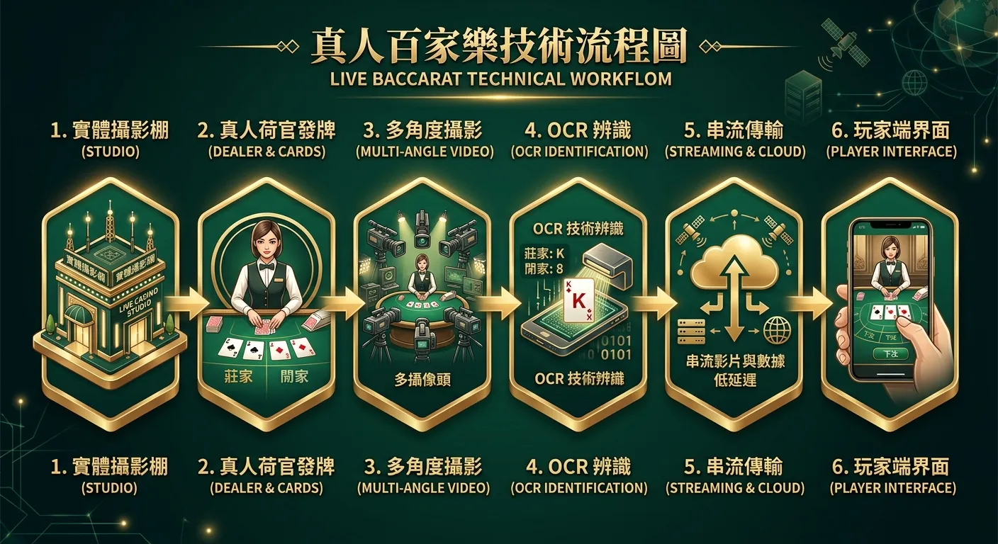 真人百家樂技術流程圖，由左至右六個步驟：實體攝影棚（建築圖示）→ 真人荷官發牌（牌桌圖示）→ 多角度攝影（攝影機圖示）→ OCR 辨識（掃描圖示）→ 串流傳輸（雲端圖示）→ 玩家端（手機圖示），步驟之間用箭頭連接，配色使用深綠與金色系