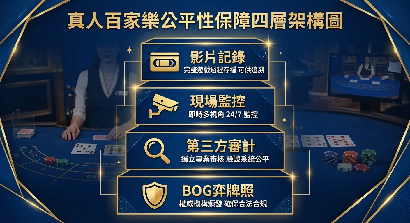 真人百家樂公平性保障四層架構圖，由下至上四層：底層「博弈牌照」（盾牌圖示）、第二層「第三方審計」（放大鏡圖示）、第三層「現場監控」（攝影機圖示）、頂層「影片記錄」（錄影帶圖示），每層附簡短說明文字，配色使用深藍與金色系表示信任