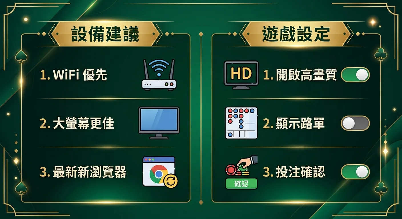 真人百家樂遊戲體驗設定建議圖，分為兩個區塊：左側「設備建議」列出 WiFi 優先、大螢幕更佳、最新瀏覽器三項（各附圖示），右側「遊戲設定」列出開啟高畫質、顯示路單、投注確認三項（各附開關圖示），配色使用深綠與金色系