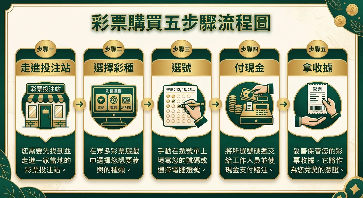彩票購買五步驟流程圖，從左至右依序展示：步驟一「走進投注站」（店門圖示）→ 步驟二「選擇彩種」（選單圖示）→ 步驟三「選號」（鉛筆圖示）→ 步驟四「付現金」（錢幣圖示）→ 步驟五「拿收據」（收據圖示），每步驟下方附一句說明，配色使用金色與深綠色系