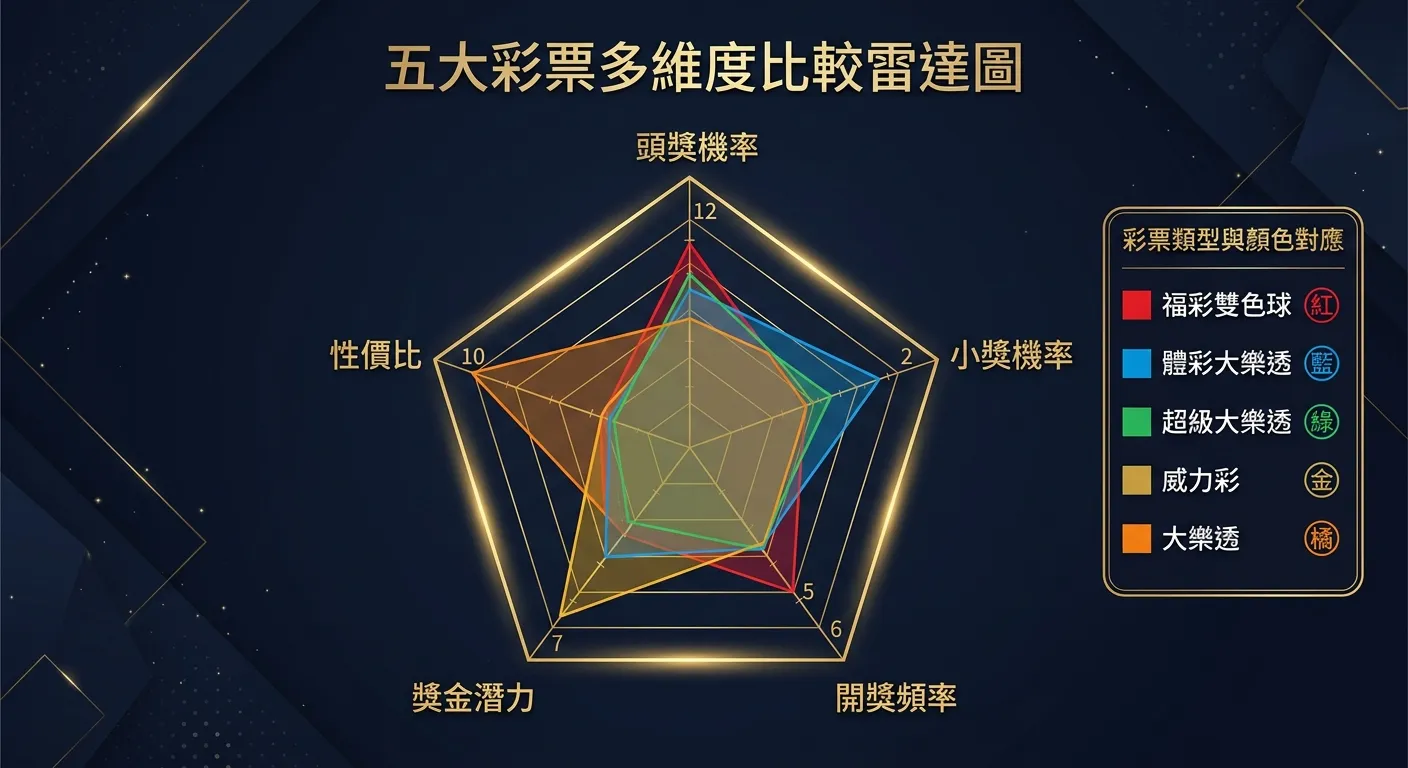 五大彩票多維度比較雷達圖，五角形雷達圖呈現五個維度（頭獎機率、小獎機率、開獎頻率、獎金潛力、性價比），五種彩票用不同顏色線條標示，右側附圖例，配色使用金色系與深藍背景