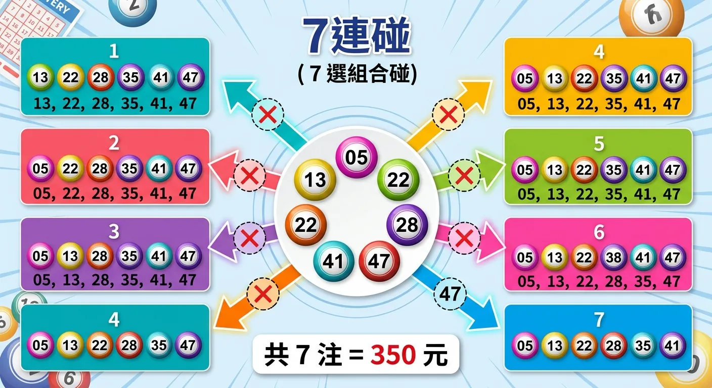 7 連碰組合原理圖解，中央為 7 個號碼球（05、13、22、28、35、41、47）排成一圈，每次「去掉」一個球（用虛線圓表示被排除的球），連線指向旁邊的 7 個組合方塊，每個方塊顯示 6 個號碼。底部標示「共 7 注 = 350 元」。