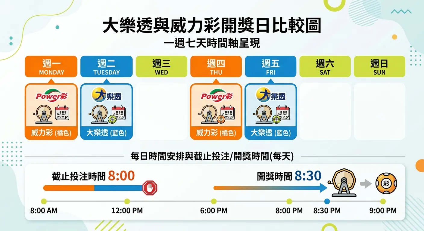 大樂透與威力彩開獎日比較圖，以一週七天的時間軸呈現，週一（威力彩，橘色）、週二（大樂透，藍色）、週四（威力彩，橘色）、週五（大樂透，藍色）分別高亮標示，下方附上截止投注時間 8:00 與開獎時間 8:30 的時間軸